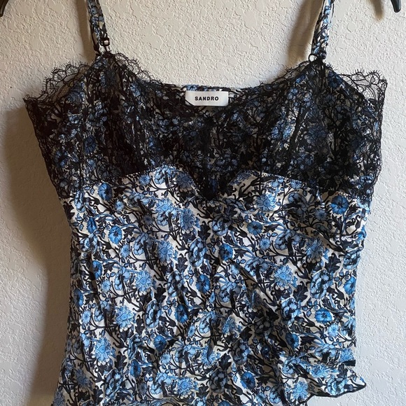 Sandro Floral print satin-twill corded lace trim adjustable straps camisole Sz 8 - Picture 4 of 14